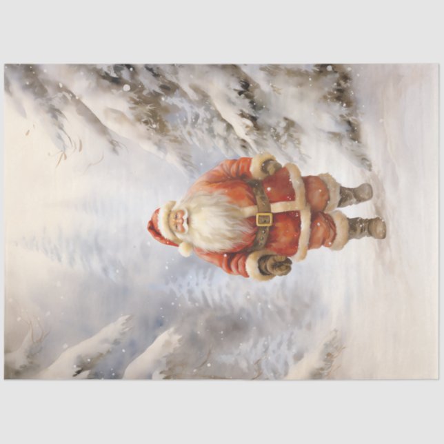 Classic Santa Claus walking in snowy forest Tissue Paper (Front)