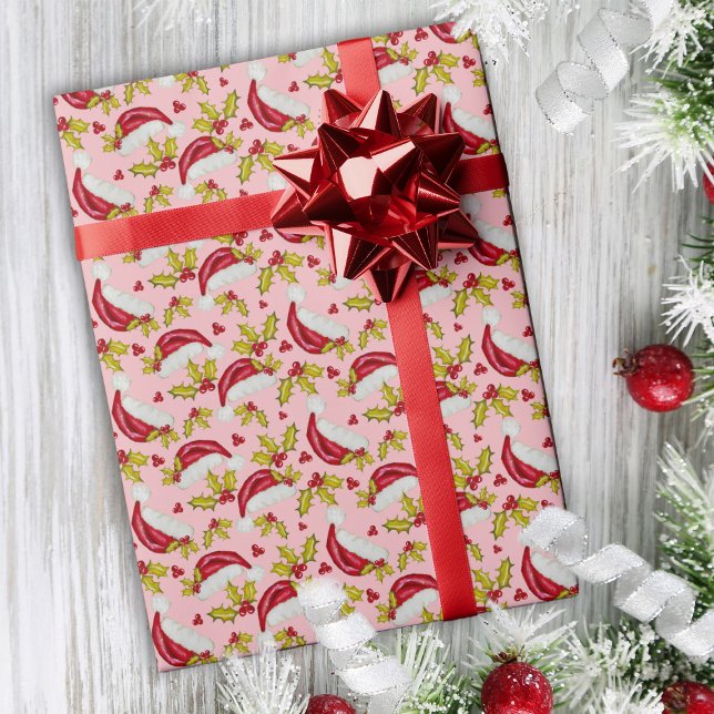 Classic Santa Hat Holly Novelty Pink Fun Christmas Wrapping Paper (Creator Uploaded)