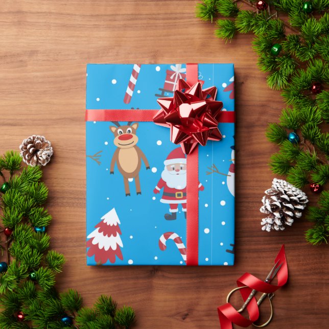 Classic Santa Reindeer Snowman Fun Holiday Pattern Wrapping Paper (Holiday Gift)