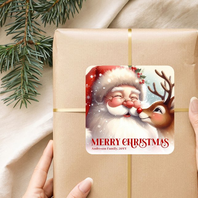 Classic Santa Rudolph Personalized Christmas Kids  Square Sticker (Classic Santa Rudolph Personalized Christmas Kids Holiday Sticker

)