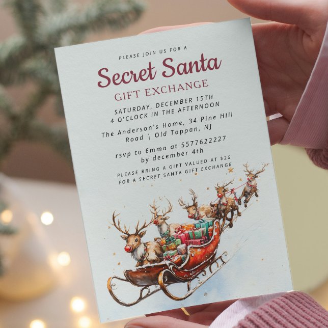 Classic Santa Sleigh Secret Santa Christmas Party Invitation (Creator Uploaded)