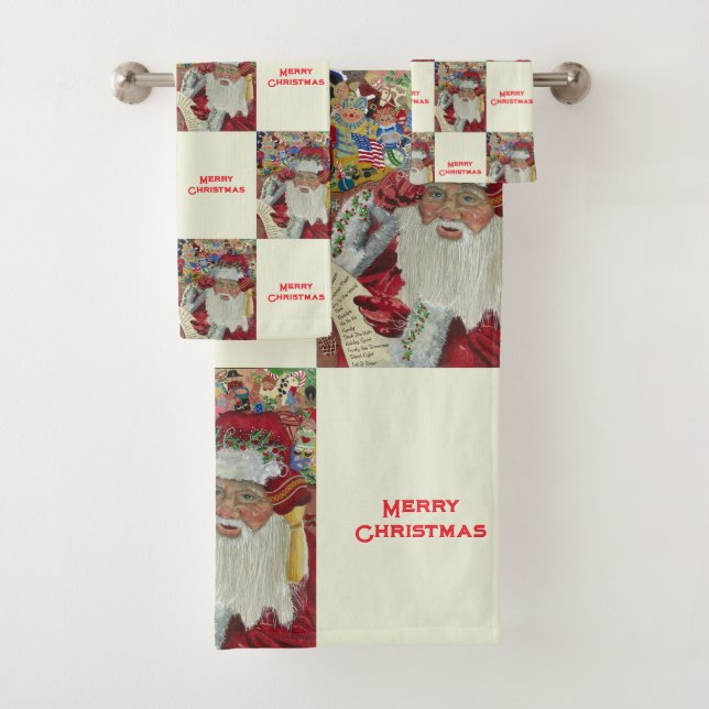 Classic Santa White Checking It Twice Holiday Bath Towel Set (Insitu)