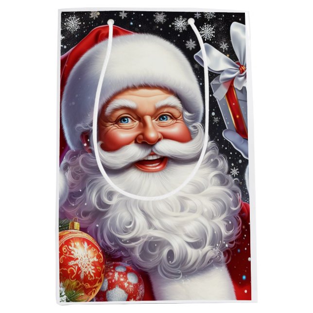 Classic Santa with present & ornaments Medium Gift Bag (Front)