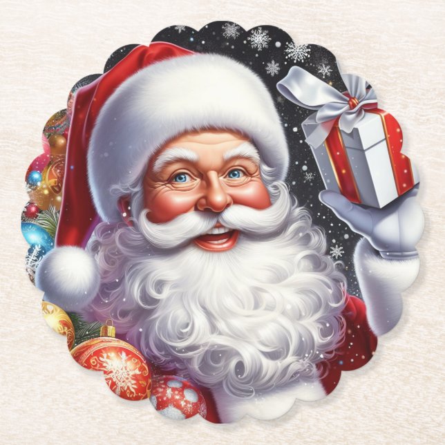 Classic Santa with present & ornaments Paper Coaster (Front)