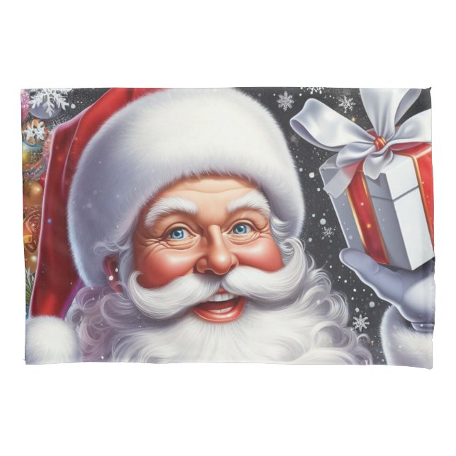 Classic Santa with present & ornaments Pillowcase (Front)