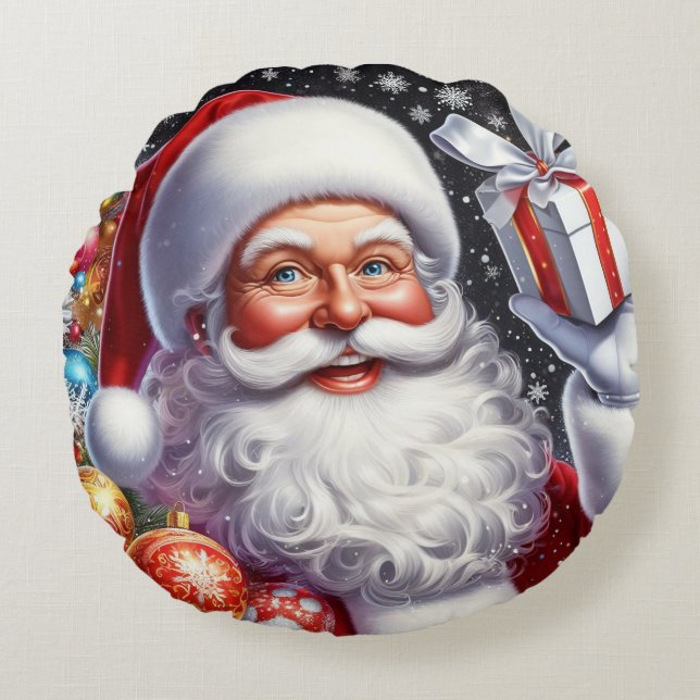 Classic Santa with present & ornaments Round Cushion (Front)