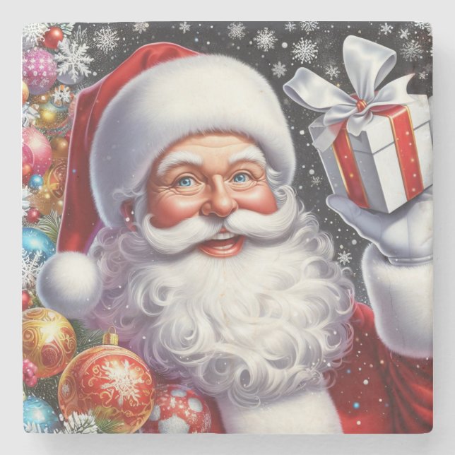 Classic Santa with present & ornaments Stone Coaster (Front)