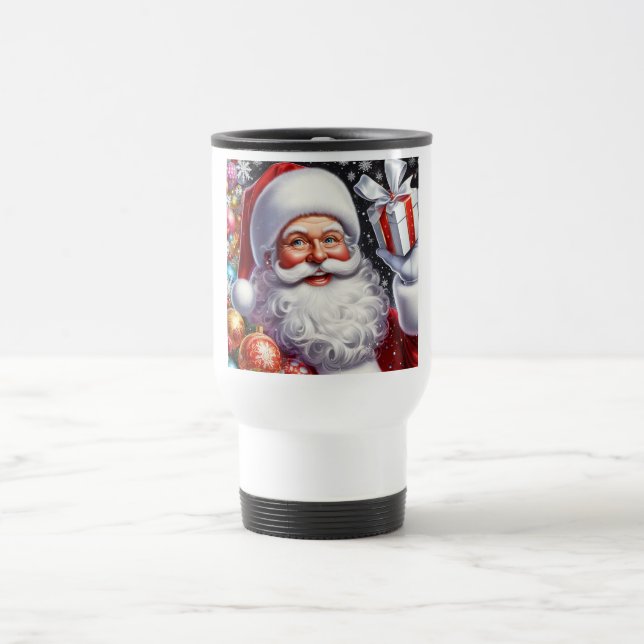 Classic Santa with present & ornaments Travel Mug (Center)