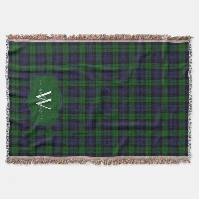 Classic Scottish Black Watch Tartan Plaid Monogram Throw Blanket (Front)