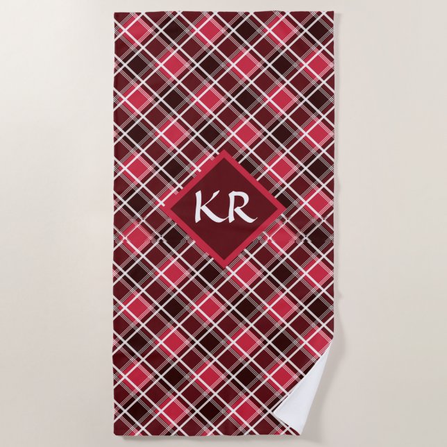 Classic Scottish Tartan Red Black Diamond Pattern  Beach Towel (Front)