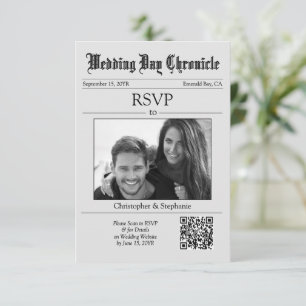 Classic Script 1 Photo QR Code Grey Newspaper RSVP Card