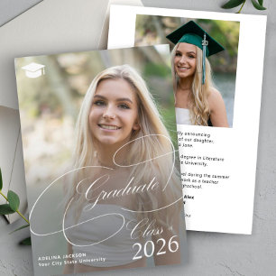 Classic script 2 photos class of 2026 graduation announcement
