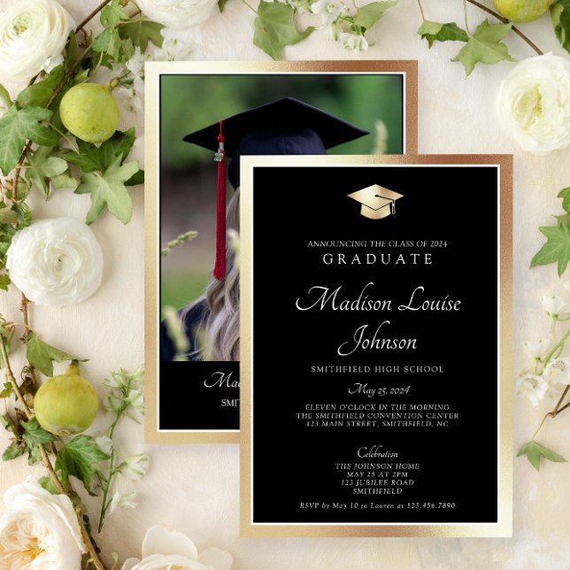 Classic Script Black & Gold Photo Graduation Invitation (Marking Milestones with Grace. #GradSuccess)