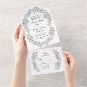 Classic Script Black & White Gothic Wedding All In One Invitation
