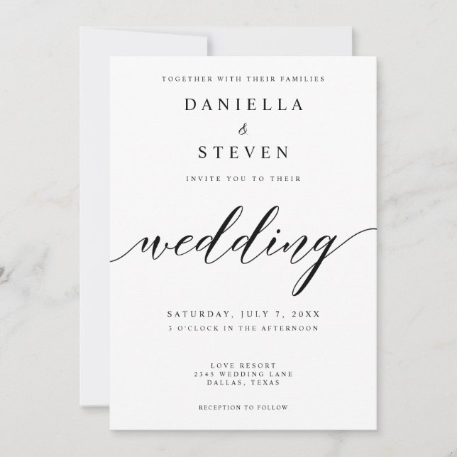 Classic Script Calligraphy Black White Wedding Invitation (Front)