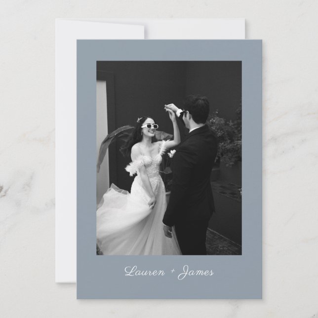 Classic Script Dusty Blue Wedding Photo Thank You Card (Front)