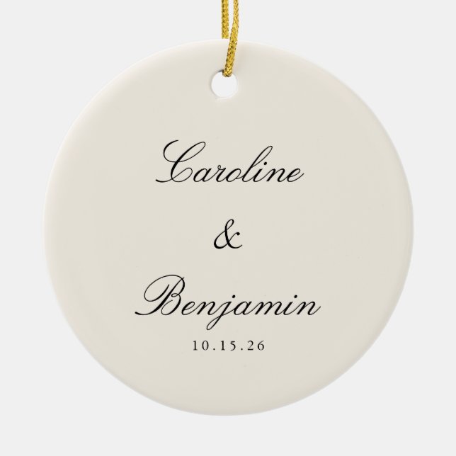 Classic Script Elegant Ivory Wedding Custom  Ceramic Tree Decoration (Front)