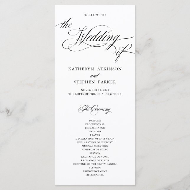 Classic Script Elegant Wedding Ceremony Program Programme (Front)