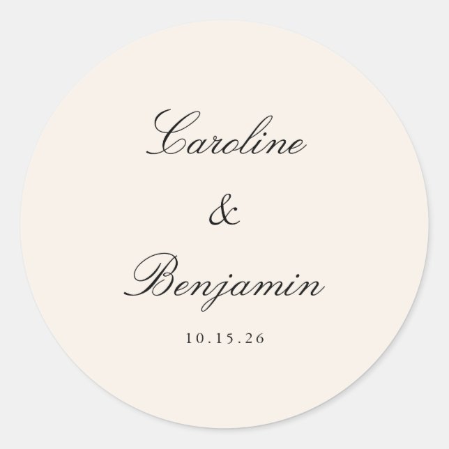 Classic Script Elegant Wedding Custom Ivory Cream Round Sticker (Front)
