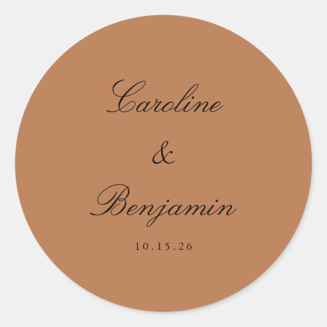 Classic Script Elegant Wedding Custom Terracotta Round Sticker (Front)