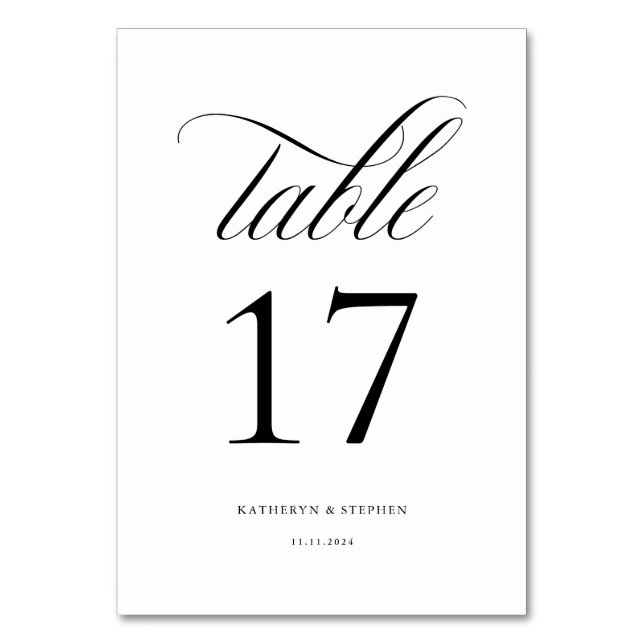 Classic Script Elegant Wedding Table Number 17 (Front)