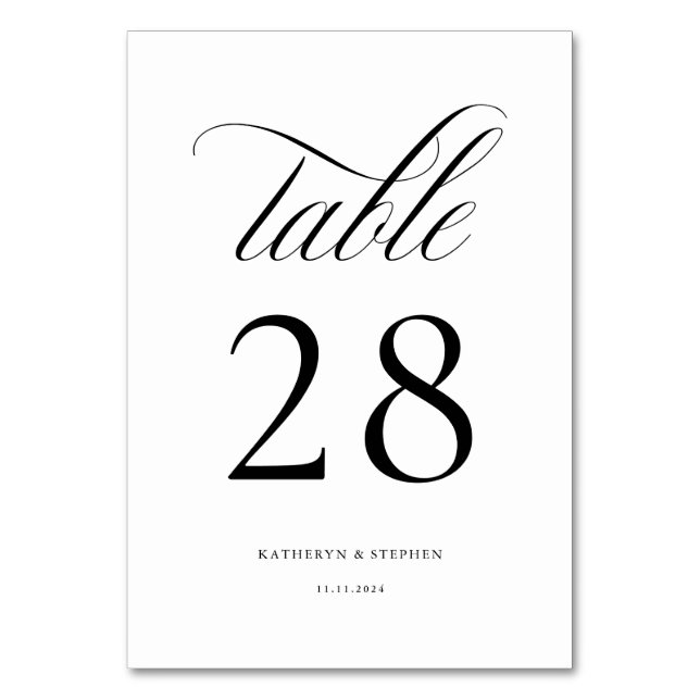 Classic Script Elegant Wedding Table Number 28 (Front)