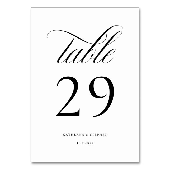 Classic Script Elegant Wedding Table Number 29 (Front)