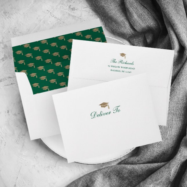Classic Script Gold Cap Graduation Invitation Envelope (Classic Script Green and Gold Graduation Invitation and Announcement Return Address Envelopes.)