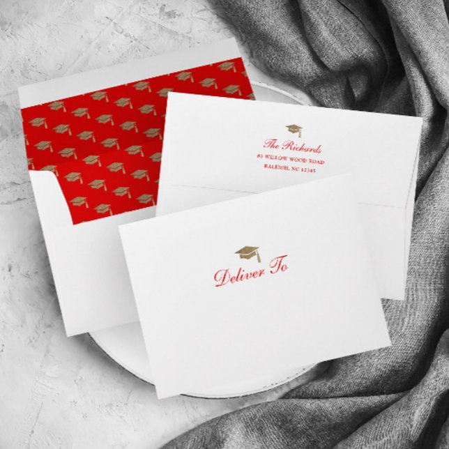 Classic Script Gold Cap Graduation Invitation Envelope (Classic Script Red and Gold Graduation Invitation and Announcement Return Address Envelopes.)