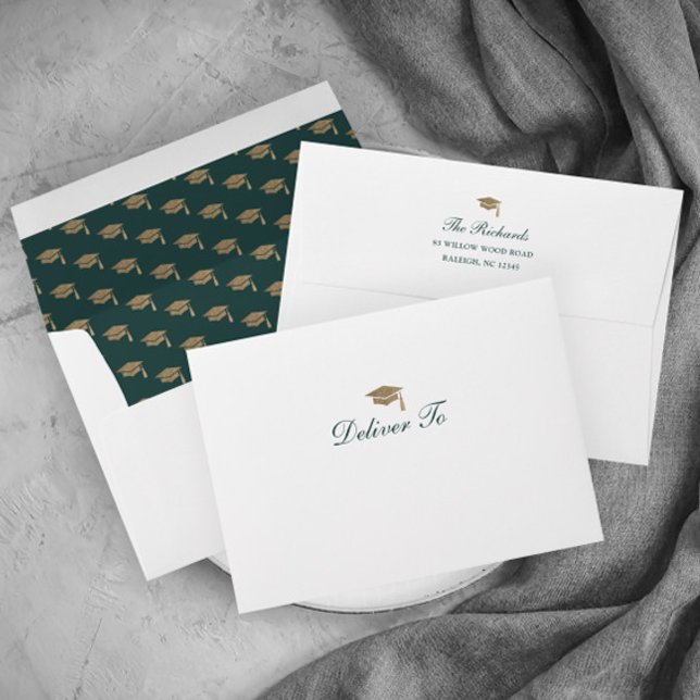Classic Script Gold Cap Graduation Invitation Envelope (Elegant calligraphy gold and green graduation invitation announcement return address envelope.)