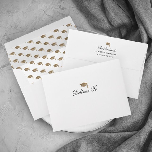Classic Script Gold Cap Graduation Invitation Envelope (Elegant calligraphy black and white graduation invitation announcement return address envelope.)