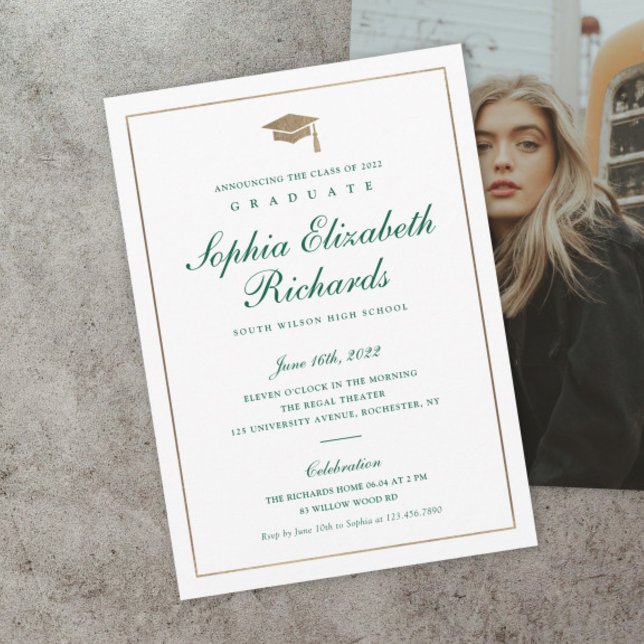 Classic Script Gold Photo Graduation Announcement (Elegant script green and gold photo graduation announcement invitations.)