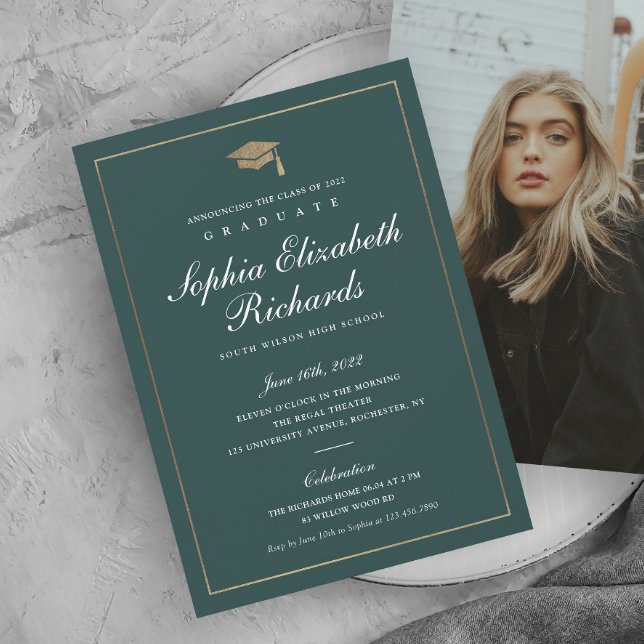 Classic Script Gold Photo Graduation Announcement (Elegant calligraphy green and gold photo graduation announcement.)