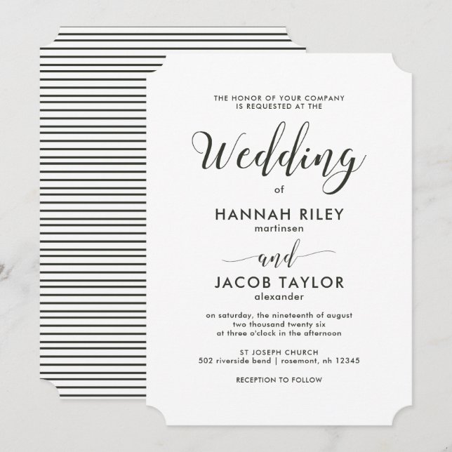 Classic Script Green Stripes Wedding Invitation (Front/Back)