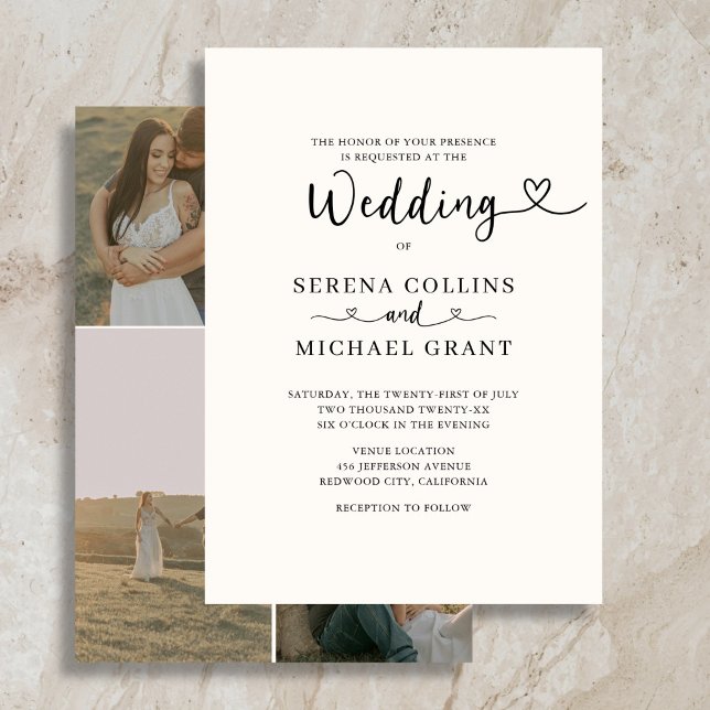 Classic Script Heart 4 Photo Burgundy Wedding Invitation (Creator Uploaded)