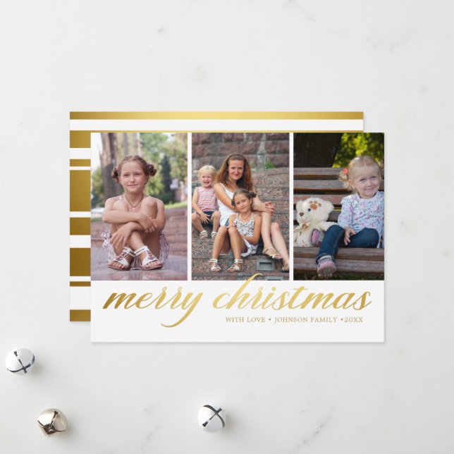 Classic Script Merry Christmas Gold 3 Photos Holiday Card (Front/Back In Situ)