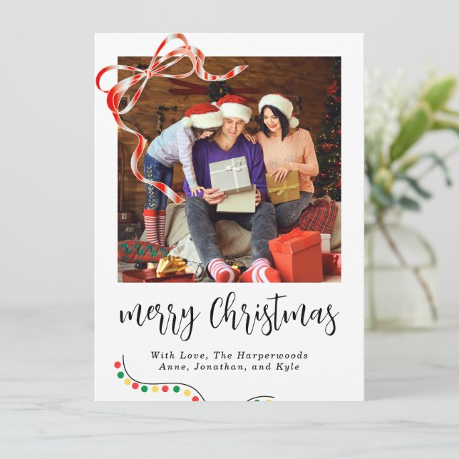 Classic Script Merry Christmas Ribbon Accent  Holiday Card (Standing Front)