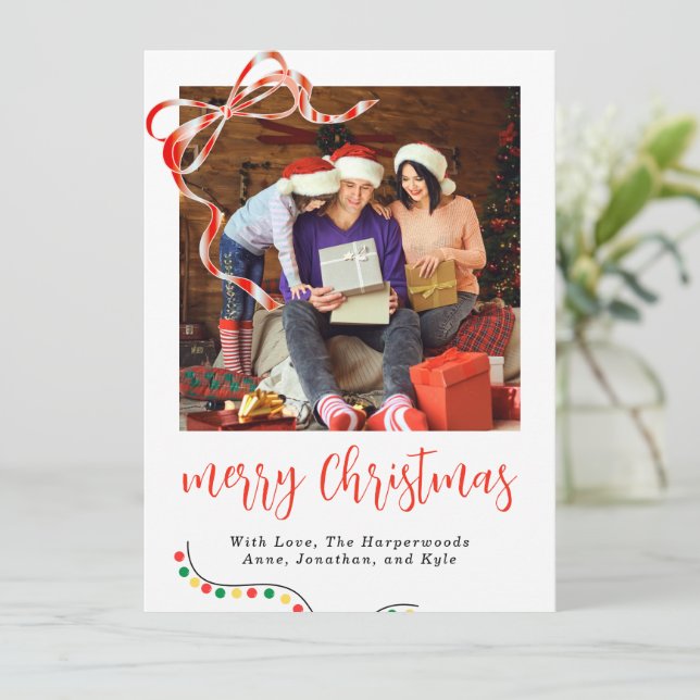Classic Script Merry Christmas Ribbon Accent  Holiday Card (Standing Front)