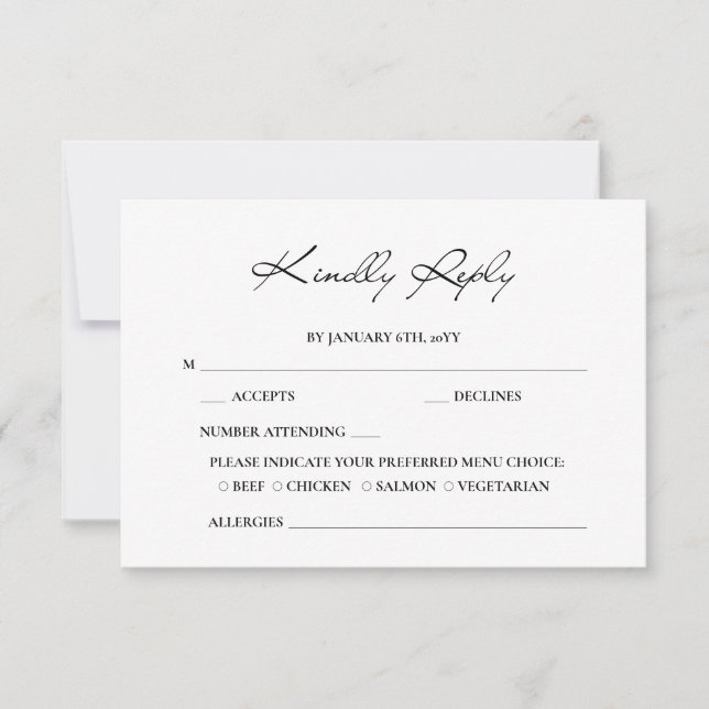 Classic Script Minimal Calligraphy White Wedding RSVP Card (Front)