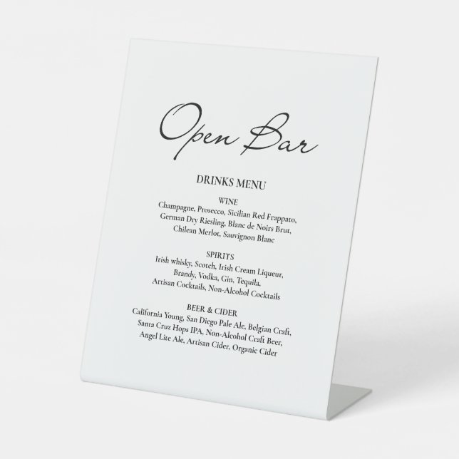 Classic Script Minimalist Open Bar White Wedding Pedestal Sign (Front)