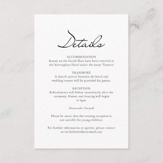Classic Script Minimalist White Wedding Details Enclosure Card (Front)