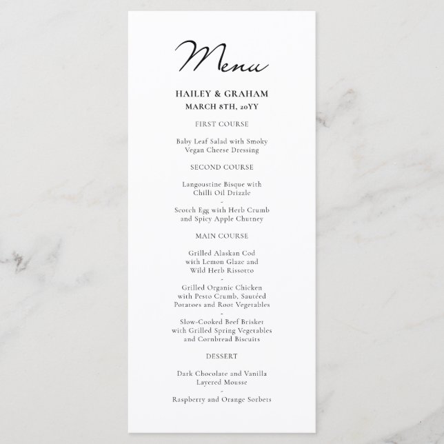 Classic Script Minimalist White Wedding Menu (Front)