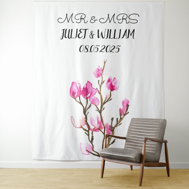 Classic Script Mr & Mrs Wedding Backdrop banner Tapestry (In Situ)