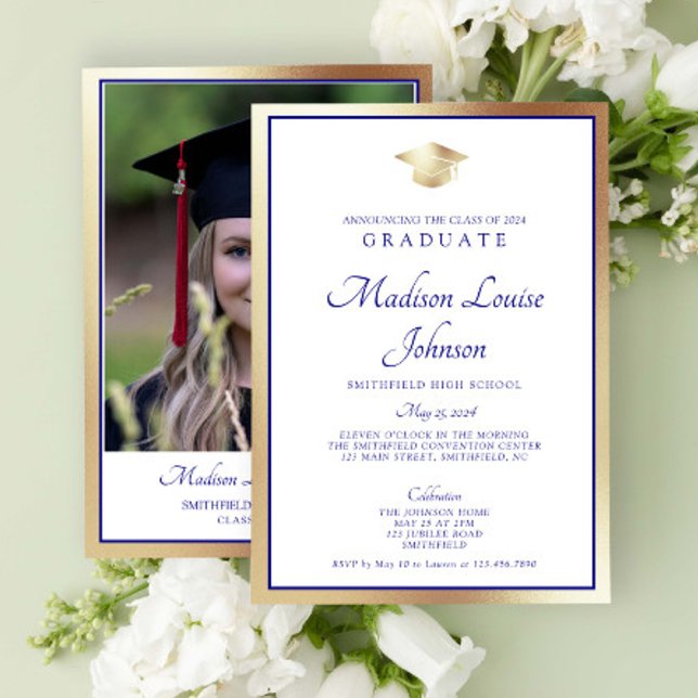 Classic Script Navy Blue & Gold Photo Graduation Invitation (Marking Milestones with Grace. #GradSuccess)
