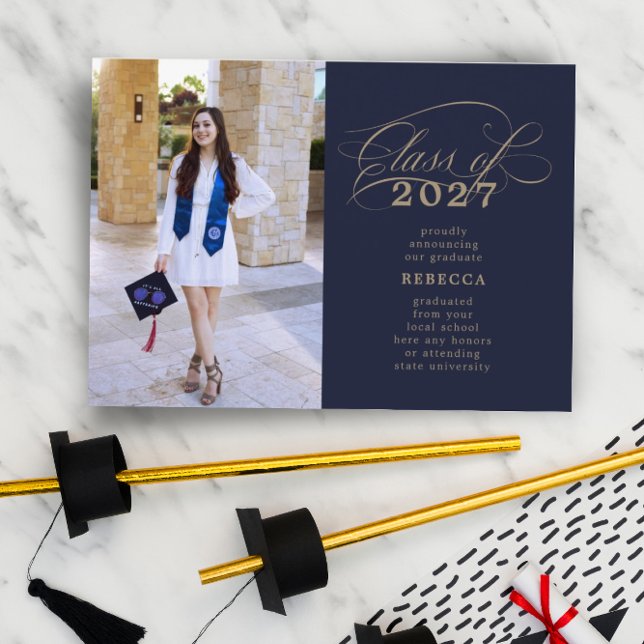 Classic Script Navy Gold Graduation Announcement (Creator Uploaded)