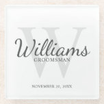 Classic Script Personalised Groomsmen Glass Coaster<br><div class="desc">Add a personal touch to your wedding with personalised groomsmen glass coaster. This coaster features personalised groomsman's name in grey classic script font style with wedding details in grey classic serif font style and monogram in light grey classic serif font style as background, on white background. Also perfect for best...</div>