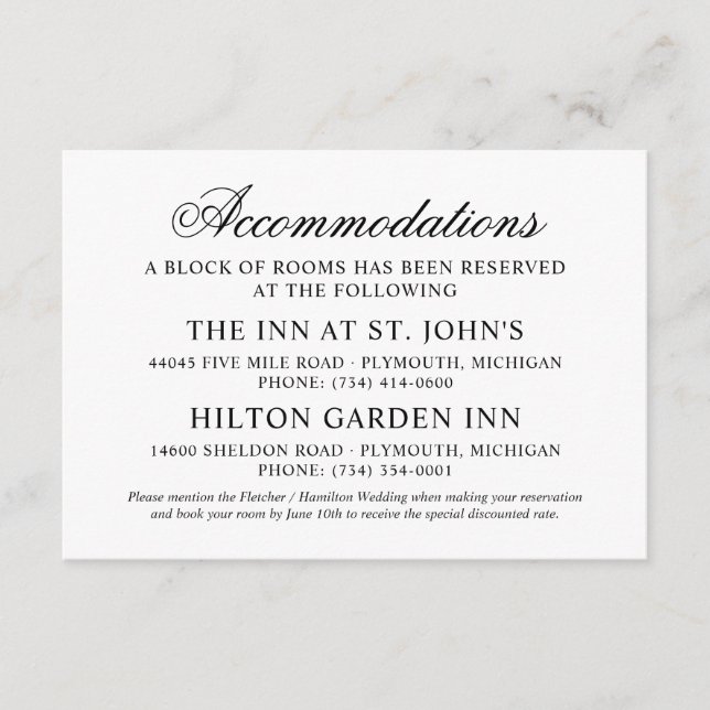 Classic Script Serif Black White Wedding Hotel Enclosure Card (Front)