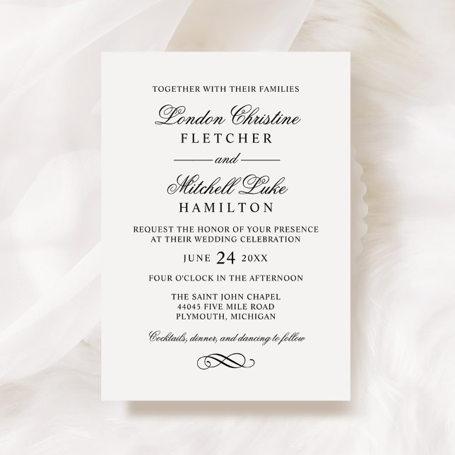 Classic Script Serif Black White Wedding Invitation (Creator Uploaded)