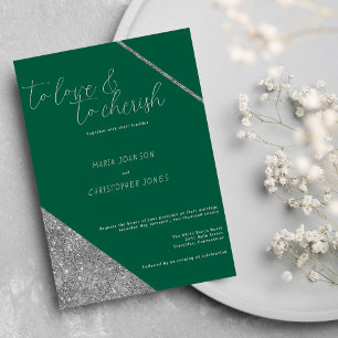 Classic script silver glitter jade green wedding invitation