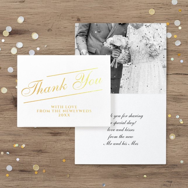 Classic Script Thank You Wedding Photo Foil Card (Add your photo and short thank you message to these real foil thank you cards)
